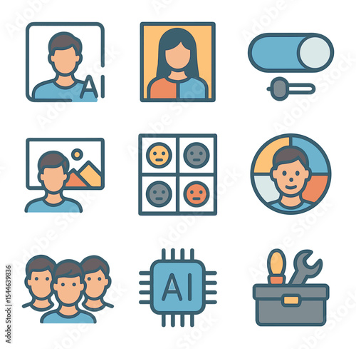 AI Avatar Icons. Flat icon set of AI avatars and personalization: digital persona, style selector, voice type