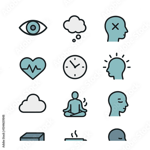 Mindfulness and Stress Icons. Flat icon set of mindfulness and awareness: open eye icon, thought bubble,