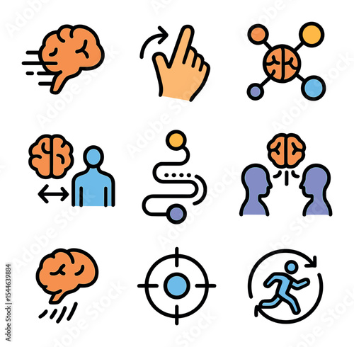 Neuroplasticity Icon Set. Flat icon set of neuroplasticity and body training: brain with movement lines,