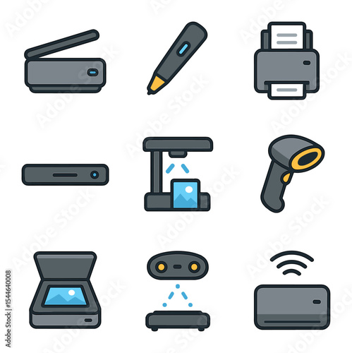 Scanner Device Icons. Flat icon set of scanner device types: flatbed scanner, handheld scanner, sheet-fed