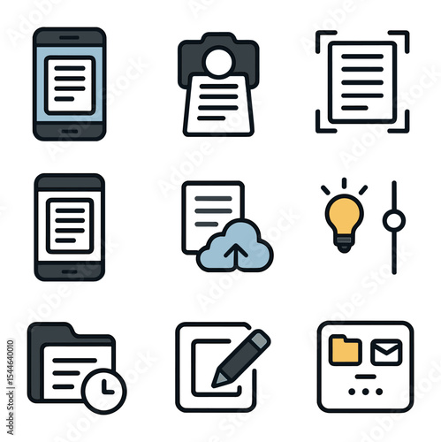 Mobile Document Scanning Icons. Flat icon set of mobile document scanning: smartphone scanner app, phone
