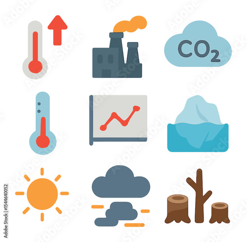 Global Warming Icons. Flat icon set of global warming indicators: temperature rise, CO2 emissions, greenhouse