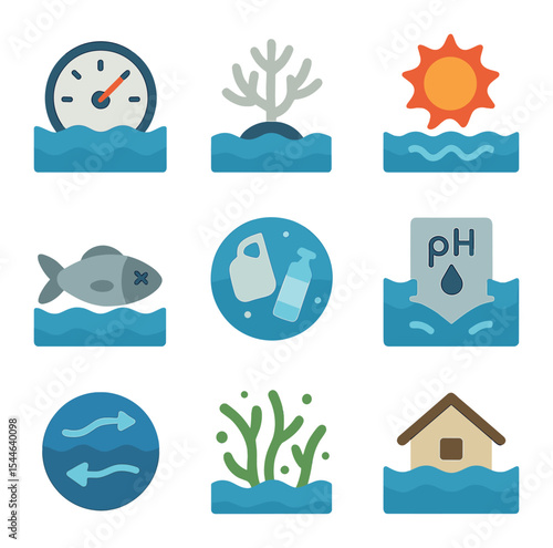 Ocean Climate Icons. Flat icon set of ocean-related climate effects: sea level gauge, coral bleaching, marine