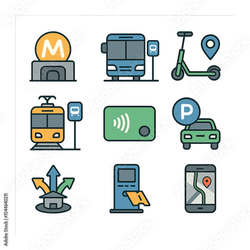 Transportation Icon Set. Flat icon set of transportation integration: subway station, bus terminal, shared