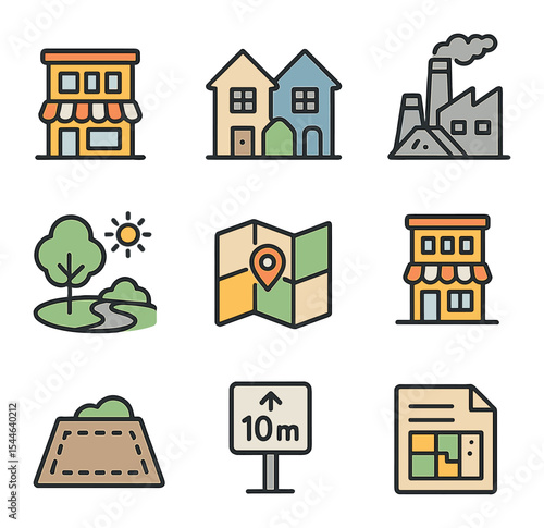 Zoning Icons Set. Flat icon set of zoning and land use: commercial zone, residential block, industrial site,