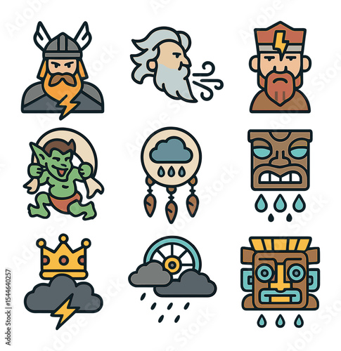 Mythological Storm Icons. Flat icon set of storm mythology across cultures: Norse storm god, Greek wind god,