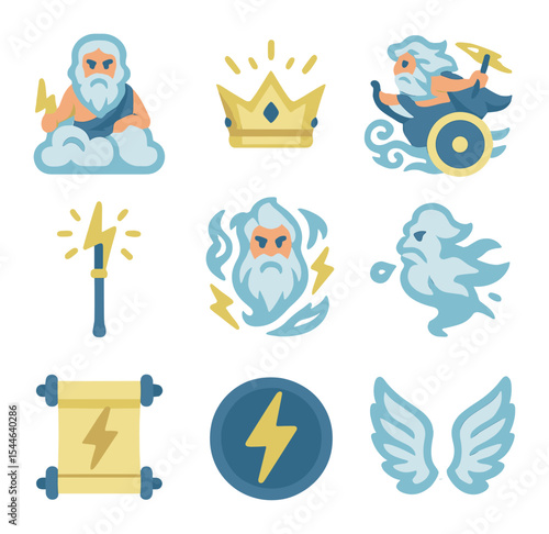 Fantasy Storm Gods Icons. Flat icon set of fantasy storm gods: cloud throne, radiant crown, wind chariot,