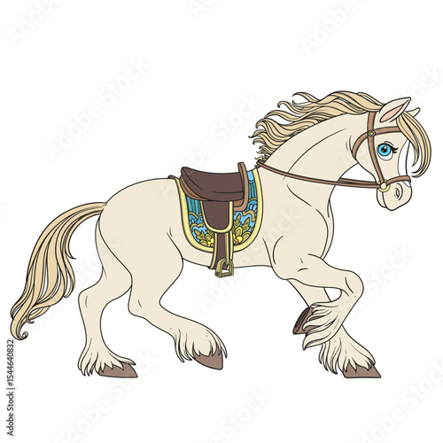 Cute cartoon horse harnessed in a harness runs forward on a white background