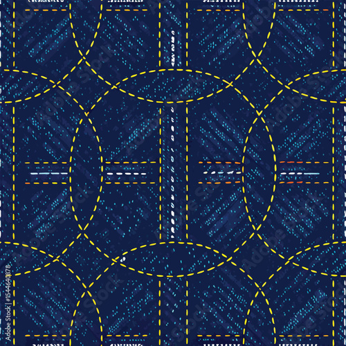 Seamless denim pattern with yellow stitching and geometric shapes