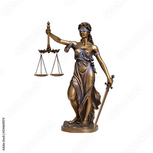 A bronze sculpture of the goddess Themis, symbolizing justice and law, with scales and a balance, isolated on white