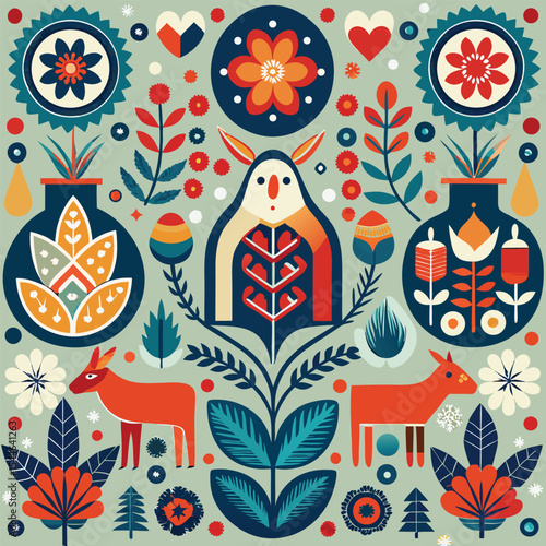 Folk art floral pattern with animals and plants