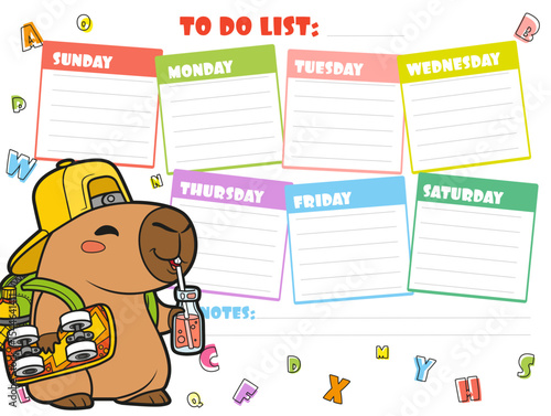 To do list for writing plans for the week with cute cartoon capybara in school backpack with a skateboard under arm