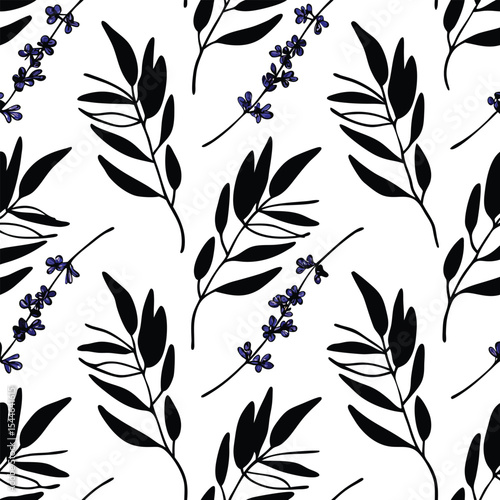 Seamless pattern black leaves and purple lavender flowers