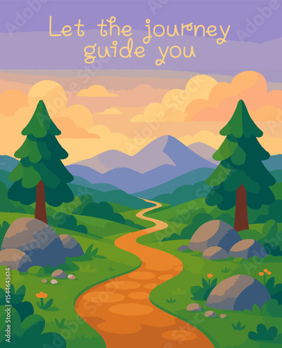 flat vector landscape scenic mountain trail with inspirational quote