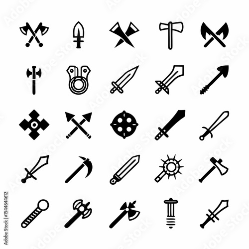 Design a detailed icon set depicting ancient weapon crafting swords, shields, axes, bows, arrows, forging tools, leatherwork.  High detail, vector format preferred.
