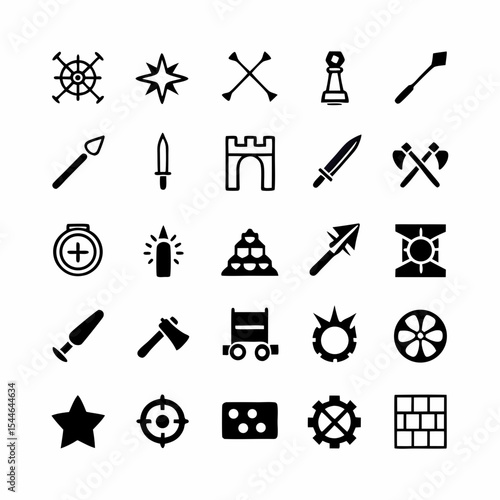 Design an icon set depicting ancient weapon crafting swords, axes, shields, bows, arrows, crafting tools, and smithing elements, in a stylized, historically-inspired manner.