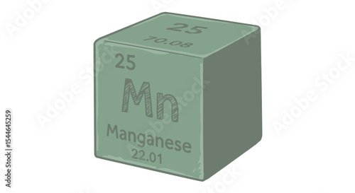 Hand-Drawn Manganese Element Icon – 3D Gray-Green Chemical Symbol “Mn” in Vector Style