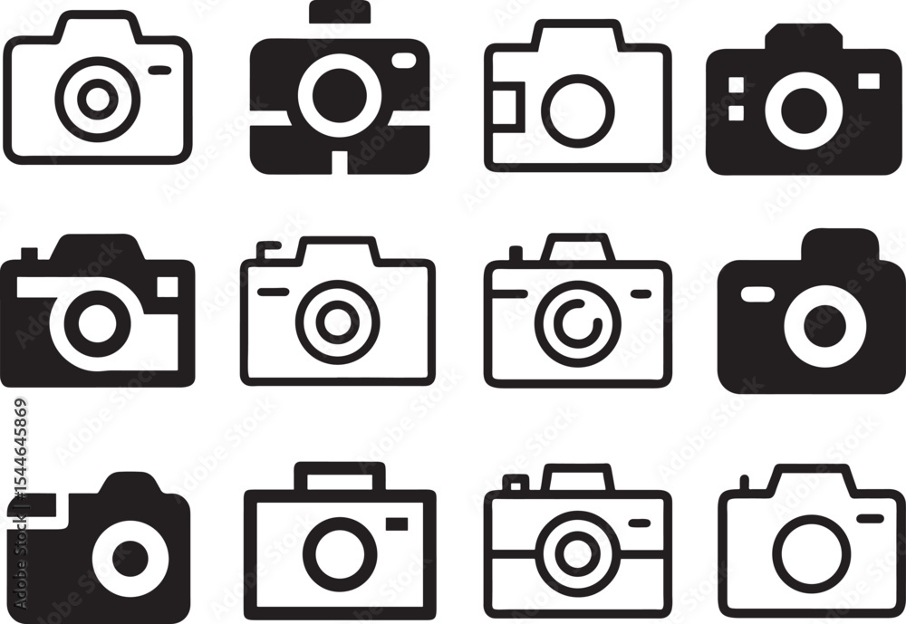 Camera Collection: A set of iconic camera silhouettes. Representing photography, image capturing and memories. Perfect for projects related to imaging. Camera Collection: A set of iconic camera silhouettes. Representing photography, image capturing and memories. Perfect for projects related to imaging.