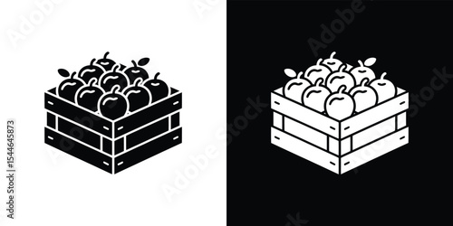 Black and White Illustration of a Crate Filled with Fresh Apples Design