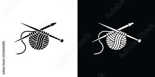 Black and white illustration of a ball of yarn with knitting needles crossed