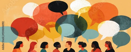 Diverse group of people engaging in conversation with colorful speech bubbles representing communication, dialogue, and connection among individuals
