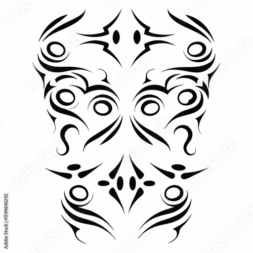 Design a tribal chest plate tattoo layout; incorporate geometric patterns, bold lines, and symbolic elements.  Consider Maori, Polynesian, or Celtic influences.