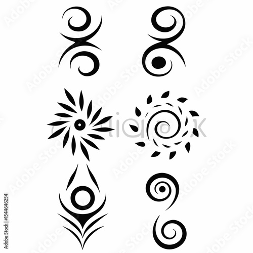 Design a set of tribal tattoo icons featuring a chimera, incorporating elements of various animalistic forms in a stylized, symbolic manner.