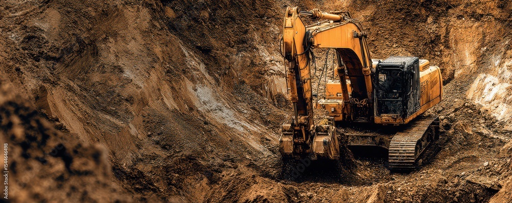 Heavy Excavator Working in a Large Construction Site Digging Through Brown Soil and Rocks for Earthmoving and Ground Preparation Heavy Excavator Working in a Large Construction Site Digging Through Brown Soil and Rocks for Earthmoving and Ground Preparation