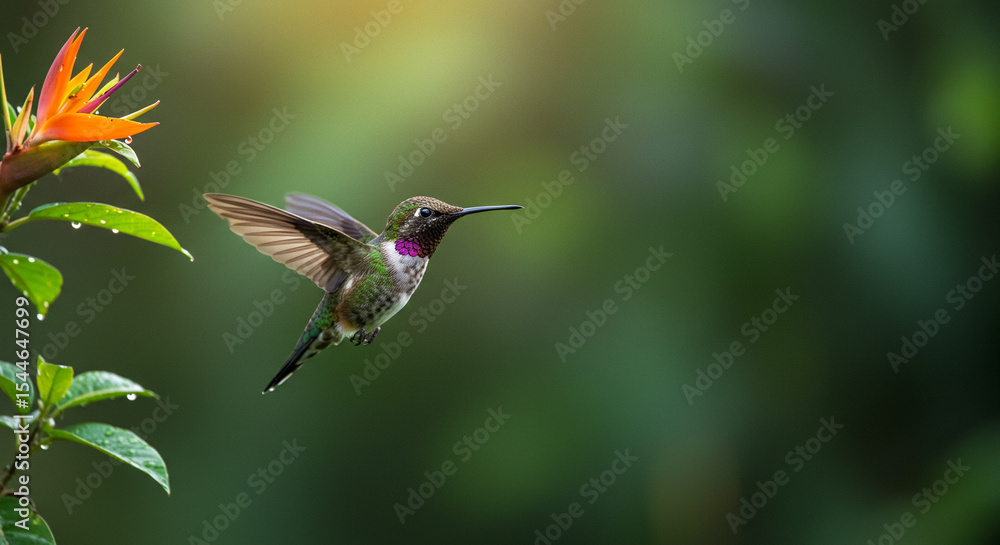 Naklejka premium Vibrant Hummingbird Flying Near Tropical Flower