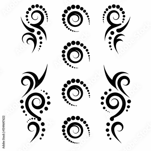 Design intricate dotwork tribal tattoo icons;  geometric patterns, bold lines, and varying dot sizes.  Include several design variations.