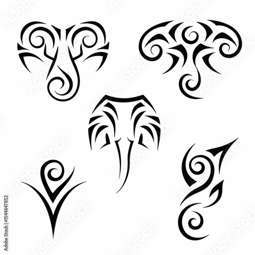 Design a tattoo pack featuring elephants in a vibrant tribal style, incorporating geometric patterns and bold lines.  Include diverse elephant poses and sizes.