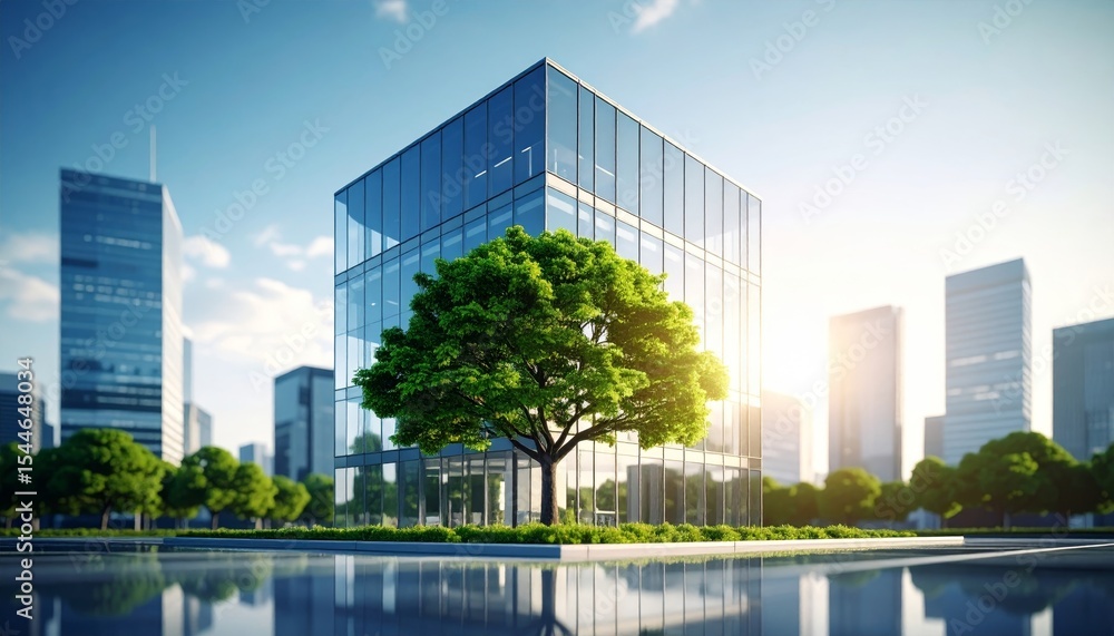 Eco-friendly building in the modern city. Sustainable glass office building with tree Eco-friendly building in the modern city. Sustainable glass office building with tree