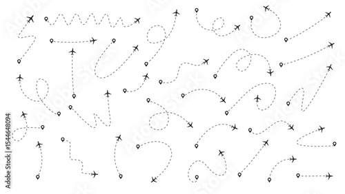 Set of Various Airplane Lines and Roads with Jet Icons