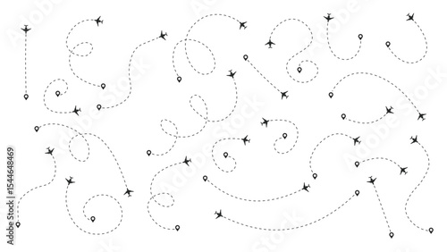 Set of Various Airplane Lines and Roads with Jet Icons