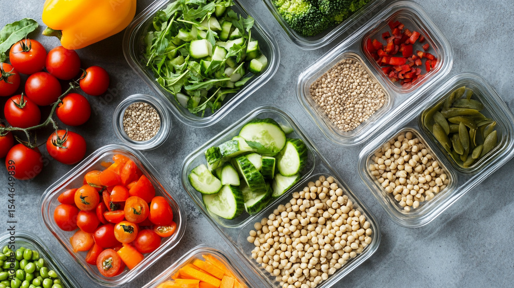 Flat lay of healthy meal prep with vegetables and containers Close-up Flat lay of healthy meal prep with vegetables and containers Close-up
