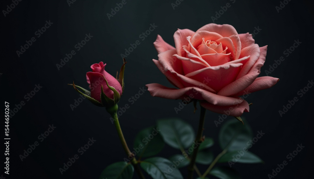 Fototapeta premium This captivating close-up showcases a vibrant, peachy-pink rose and a delicate bud, set against a deep black backdrop.