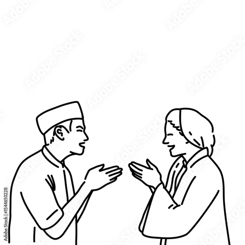 Muslim and Muslimah Line Art Illustration for Ramadhan and Eid Mubarak Greeting Card & Celebration Design
