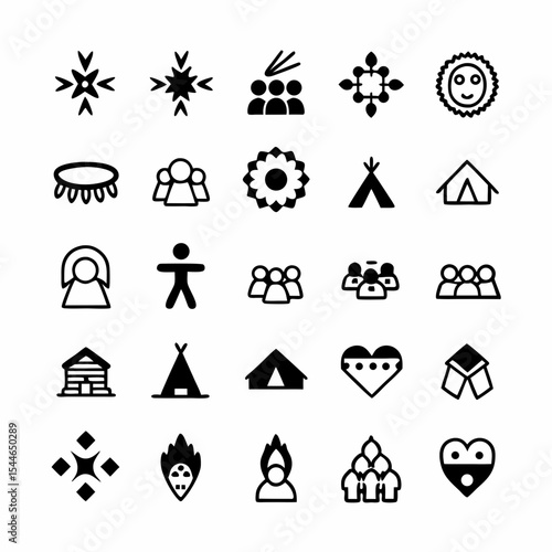 Design a set of diverse icons representing Indigenous families and communities, showcasing cultural practices and traditions.  Include symbolic elements for unity and strength.
