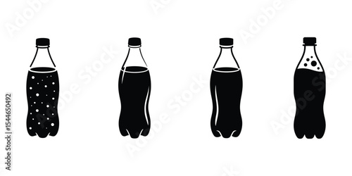 Soda Bottle Silhouette Vector Icons Set with Fizzy Drink Illustrations for Beverage Packaging Design
