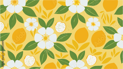 Wallpaper Mural Floral and fruit pattern with white flowers, green leaves, and yellow lemons on a yellow background Torontodigital.ca