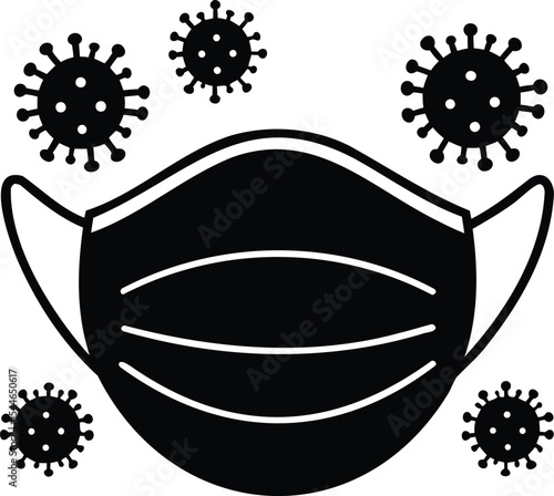 Stylized medical mask surrounded by several black coronavirus cell images