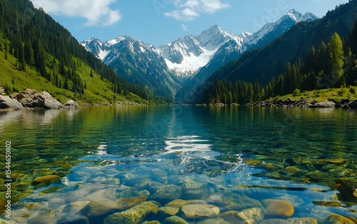 Fototapeta Naklejka Na Ścianę i Meble -  Majestic mountain lake with clear water and snow-capped peaks in alpine valley