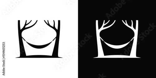 Hammock Between Trees Black and White Silhouette Illustration of Relaxing Outdoors