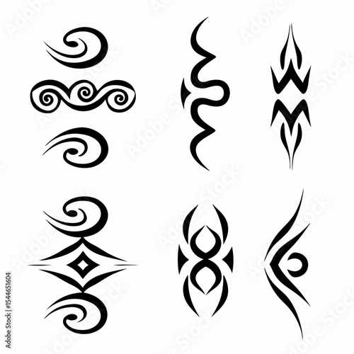 Design a set of iconic Mongolian tribal tattoo symbols;  include diverse elements like animals, geometric shapes, and spiritual motifs.  High resolution vector format.