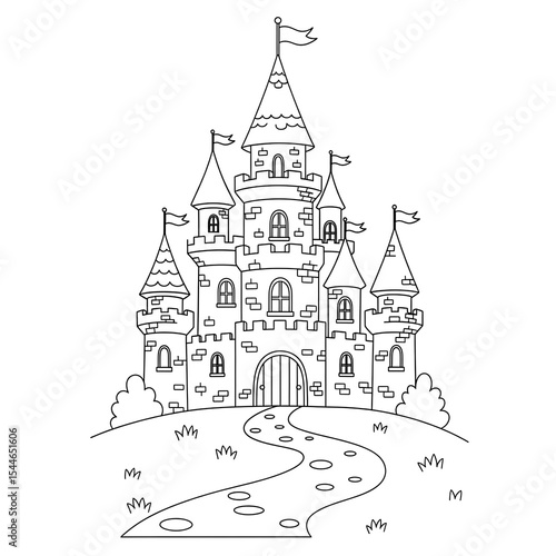 Castle coloring page printable for kids and adults fantasy fairytale drawing outline art on transparent background