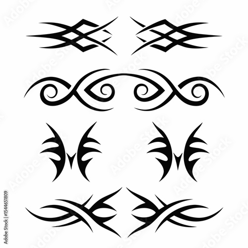 Design a collection of authentic Native American tribal tattoo motifs, showcasing diverse styles and symbolic meanings.  Include detailed line art and color variations.