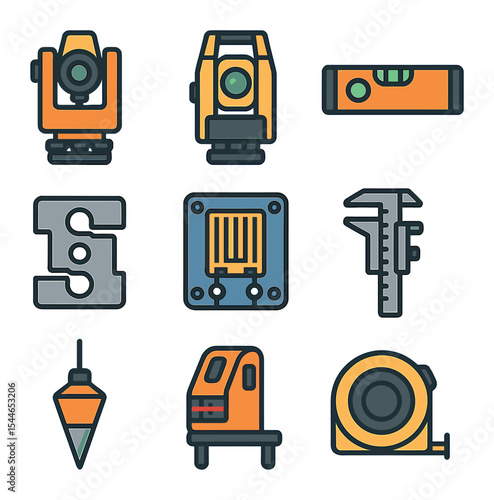 Construction Tools Icons. Flat icon set of construction tools for structural analysis: theodolite, total