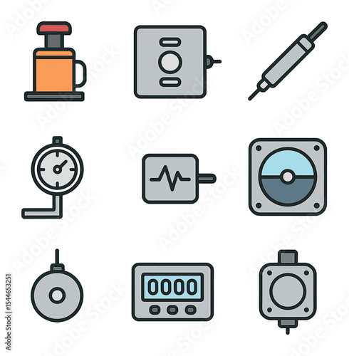Load Testing Icons. Flat icon set of load testing and monitoring devices: hydraulic jack, load sensor, strain