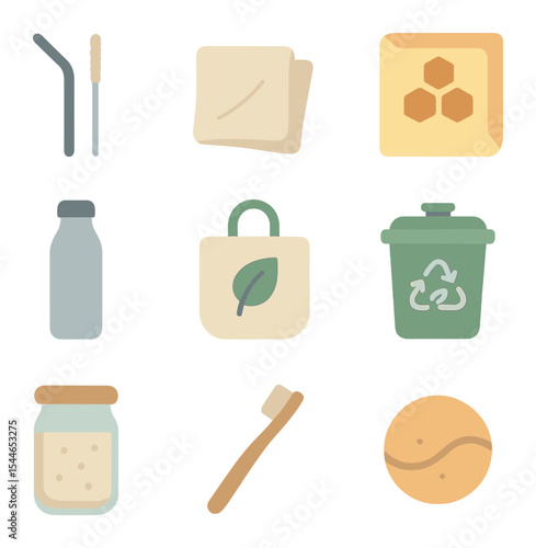 Zero-Waste Icon Set. Flat icon set of zero-waste lifestyle items: reusable straw, cloth napkin, beeswax wrap,