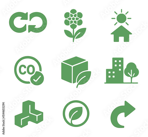 Green Design Icons. Flat icon set of green design concepts: cradle to cradle, biomimicry pattern, passive